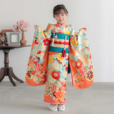 着物　七五三　7歳　女の子　13点　フルセット　オレンジ　御所車　花文　吉祥文様 七五三七歳四つ身：N045 乙葉 橙色 御所車に桜菊 | 七五三着物レンタル