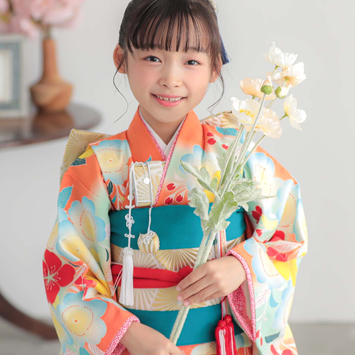 七五三七歳四つ身：N045 乙葉 橙色 御所車に桜菊 | 七五三着物レンタル