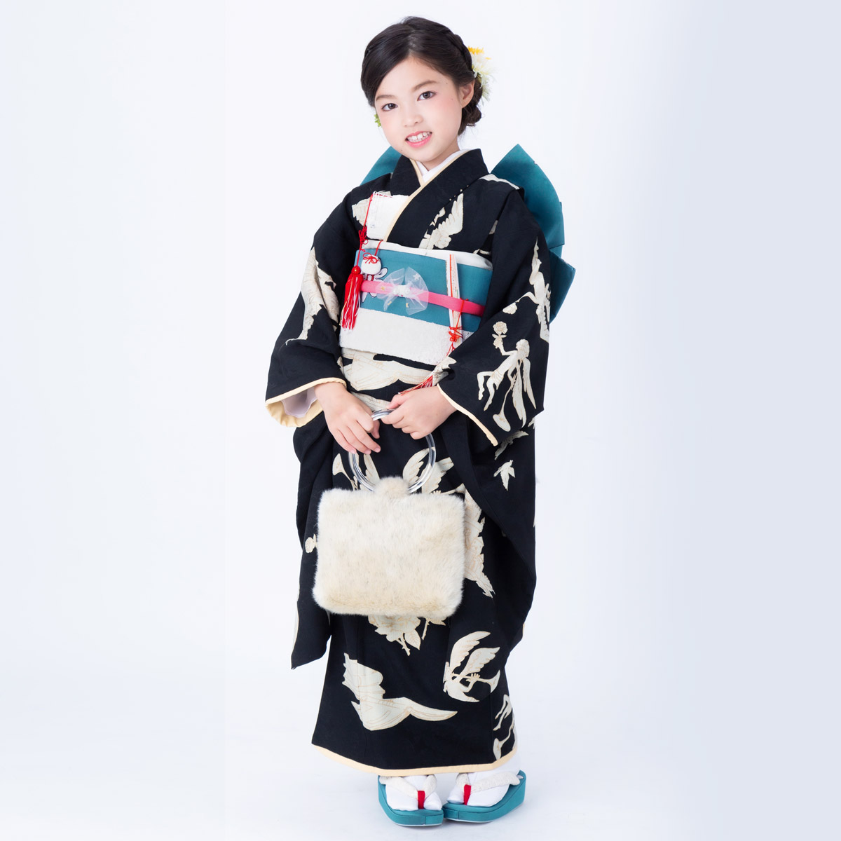 七五三七歳四つ身:N059 モダンアンテナ 黒 天使とお城 | 七五三 七五三七歳四つ身:N059 モダンアンテナ 黒 天使とお城 | 七五三