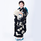 七五三　着物セット　正絹　ちりめん　7歳　ハーフ成人式　十三詣り　黒色　美品 七五三七歳四つ身：N059 モダンアンテナ 黒 天使とお城 | 七五三着物