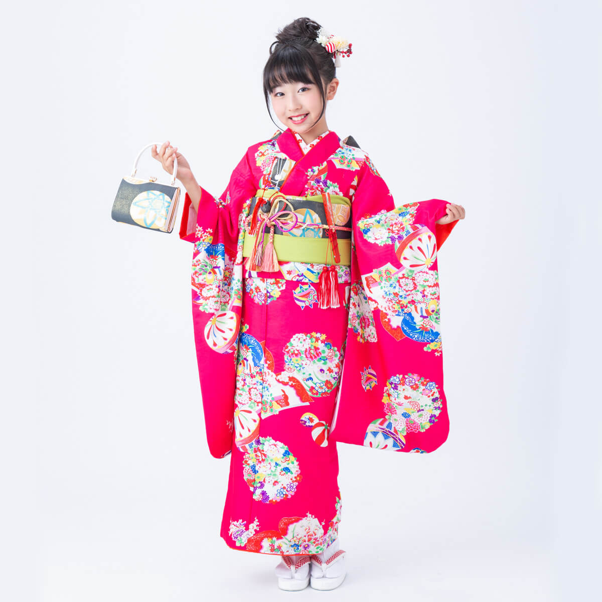 七五三七歳四つ身：N063 Shikibu Classic ピンク 花丸毬冊子本