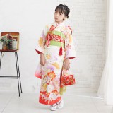 七五三七歳四つ身：N069 式部浪漫 クリーム朱ぼかし四君子