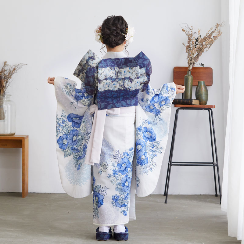 専用　七五三　7歳　青　正絹　着物　このゆびとまれ 七五三七歳四つ身：N070 JILL STUART 薄グレー アネモネ | 七五三着物