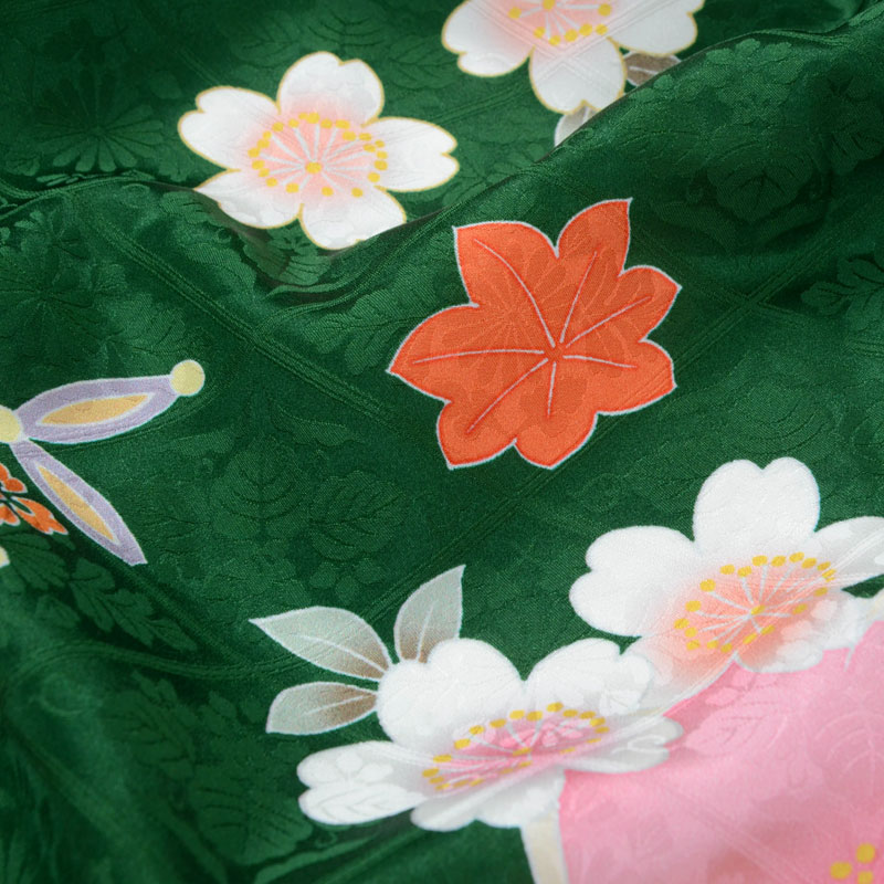 七五三七歳四つ身：N078 【正絹】緑 熨斗に花車 | 七五三着物