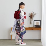 七五三七歳四つ身：N093 式部浪漫 クリーム×紺 雪輪取りに花々