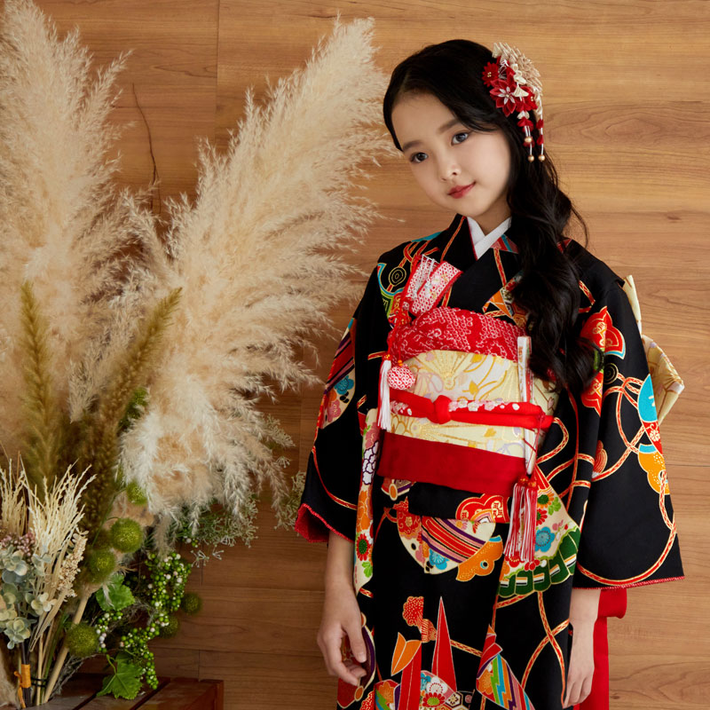 七五三に☆正絹綸子に暈し染 扇面 着物、被服セット あま 