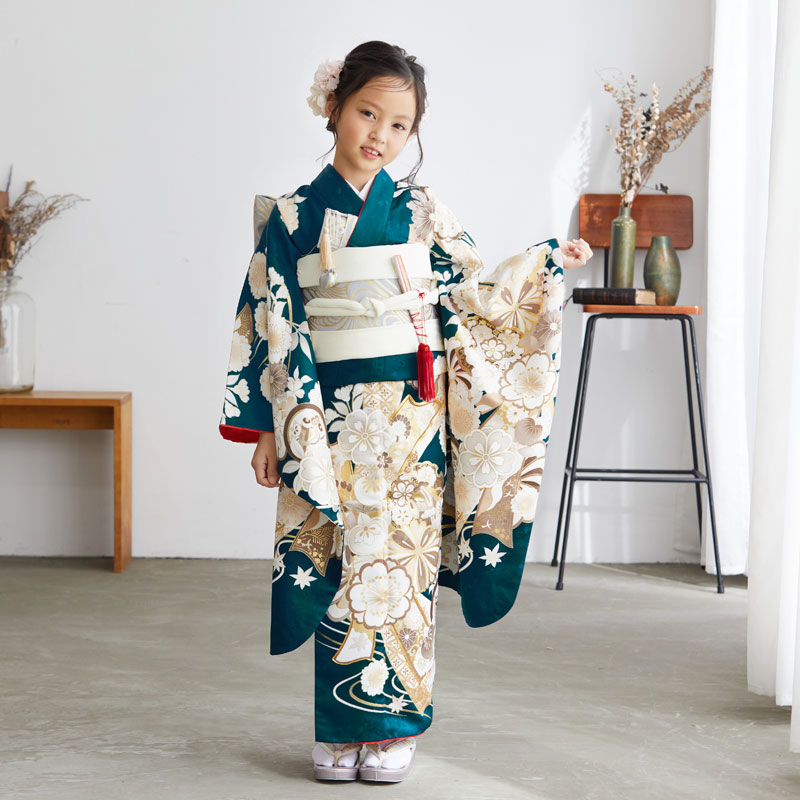 七五三七歳四つ身：N101 ブルーグリーン 流水に熨斗束と花々 | 七五三