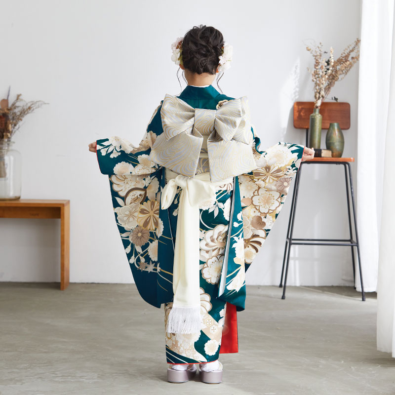 410ag101◎七五三 七歳 女児 着物&袋帯&長襦袢 総柄 流水に鶴 金彩◎ 410ag101◎七五三 七歳 女児 着物&袋帯&長襦袢 総柄 流水に鶴 金彩