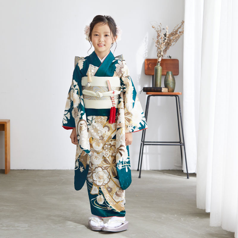 七五三七歳四つ身：N101 ブルーグリーン 流水に熨斗束と花々 | 七五三