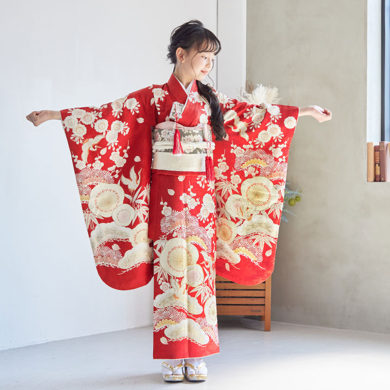 七五三七歳四つ身：N108 紅一点 【正絹】赤 松竹梅に鶴 | 七五三