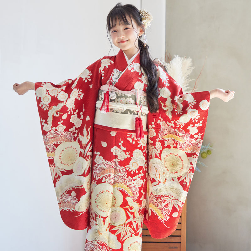 七五三七歳四つ身:N108 紅一点 【正絹】赤 松竹梅に鶴 | 七五三 七五三七歳四つ身:N108 紅一点 【正絹】赤 松竹梅に鶴 | 七五三