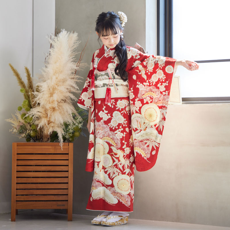 七五三七歳四つ身：N108 紅一点 【正絹】赤 松竹梅に鶴 | 七五三着物