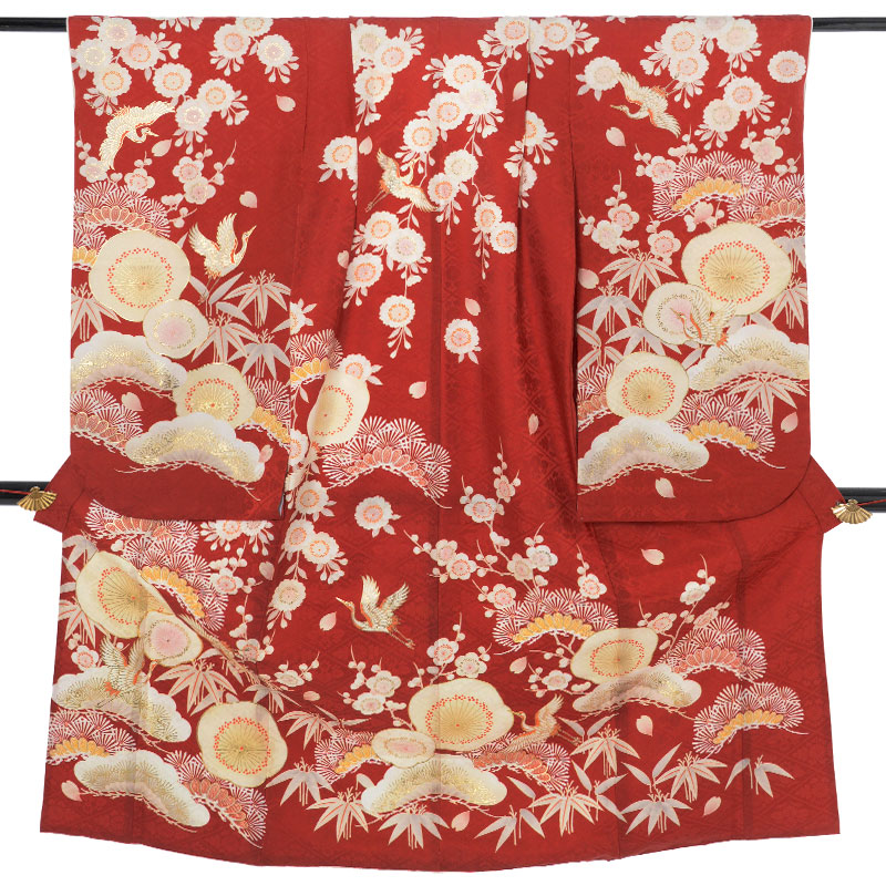 七五三七歳四つ身：N108 紅一点 【正絹】赤 松竹梅に鶴 | 七五三
