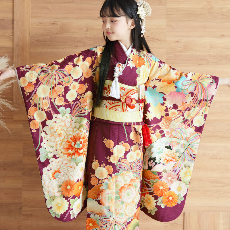 七五三七歳四つ身：N111 華徒然 赤紫 花薬玉 | 七五三着物レンタル