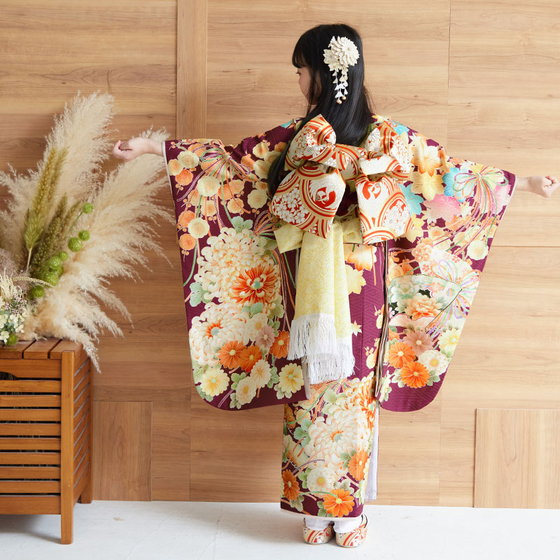 七五三七歳四つ身：N111 華徒然 赤紫 花薬玉 | 七五三着物レンタル
