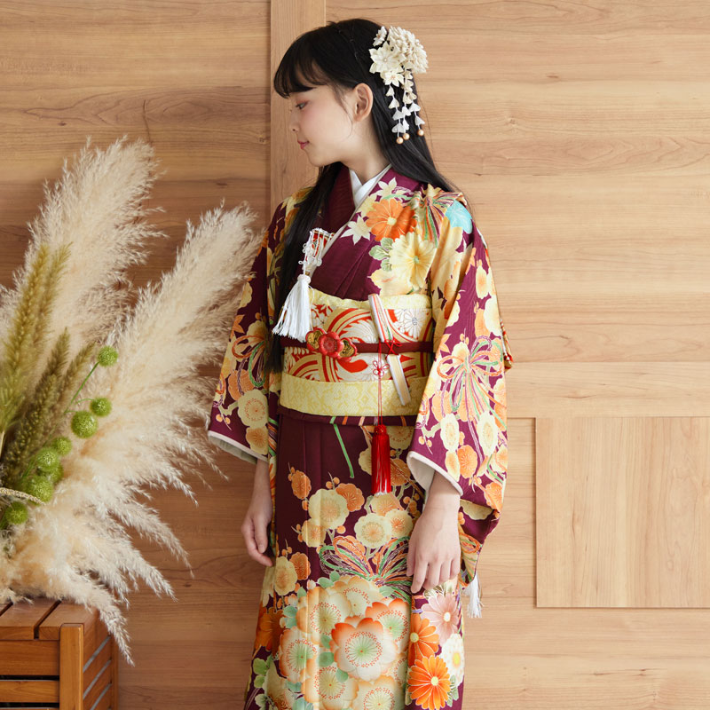 七五三七歳四つ身：N111 華徒然 赤紫 花薬玉 | 七五三着物レンタル