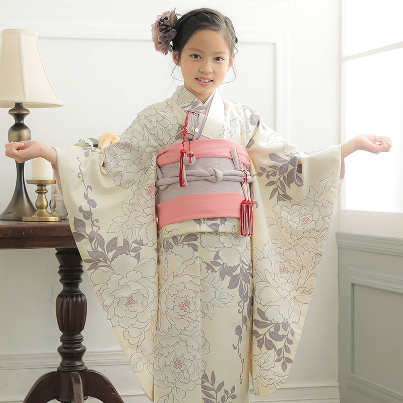 七五三七歳四つ身：N126 クリーム 白牡丹 | 七五三着物レンタル | 京都