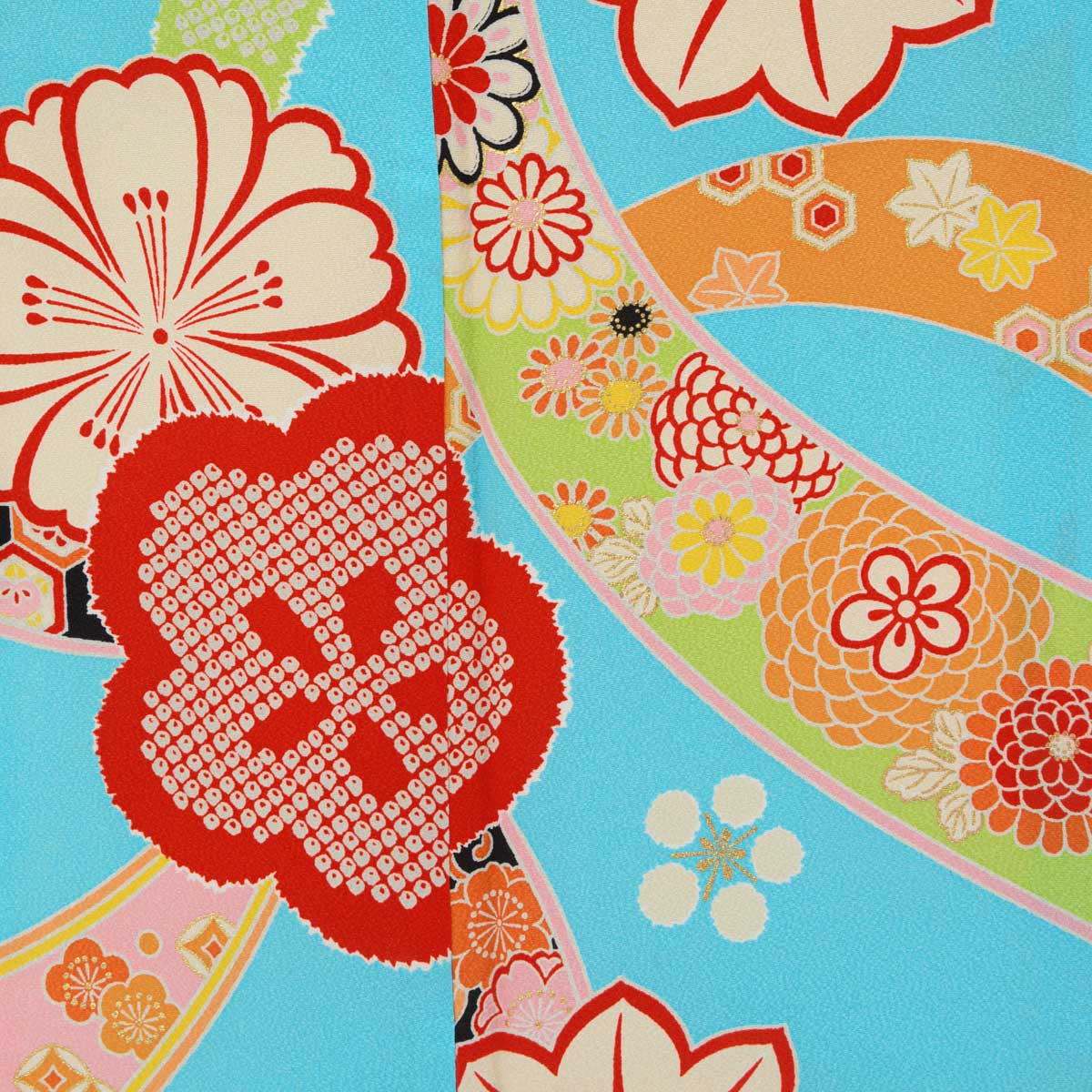 七五三七歳四つ身：N128 紅一点 【正絹】水色 紅梅に花々