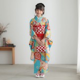 七五三七歳四つ身：N128 紅一点 【正絹】水色 紅梅に花々