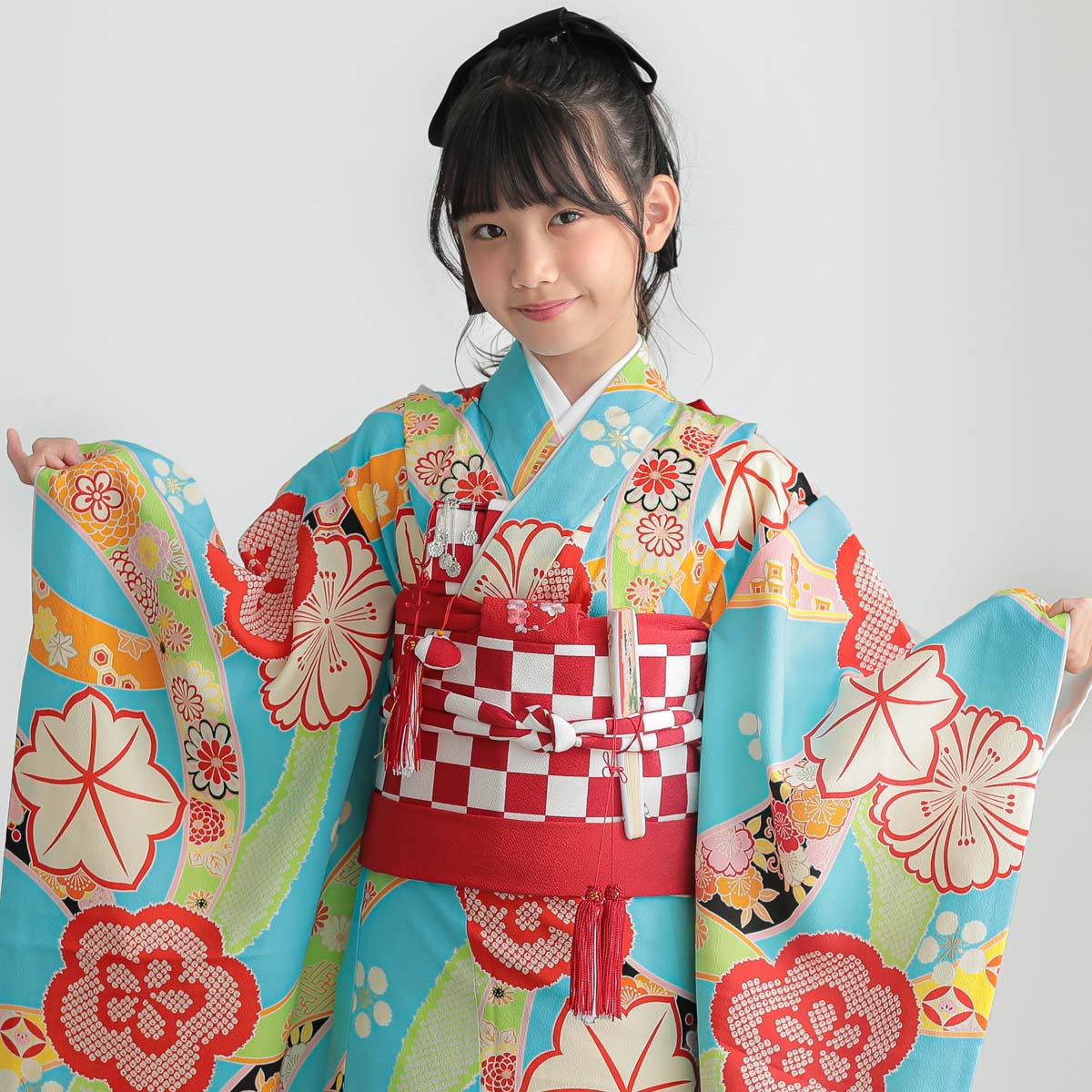 紅型　七五三　7歳　正絹着物セット　四つ身　四ツ身　七歳　花鳥柄 七五三七歳四つ身：N128 紅一点 【正絹】水色 紅梅に花々