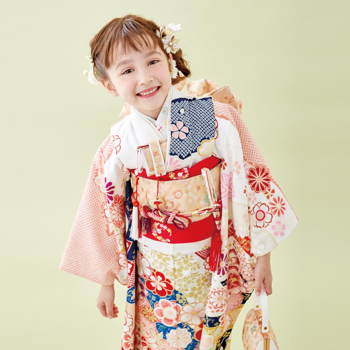 七五三七歳四つ身：N133 式部浪漫 白×紺 辻が花風 | 七五三着物