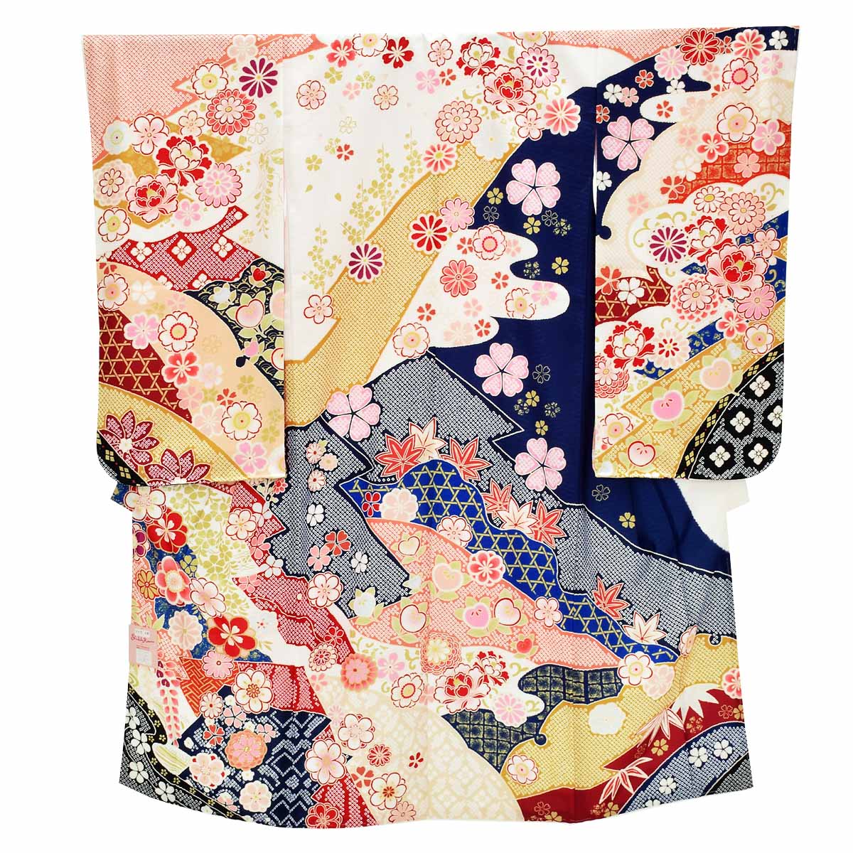 七五三七歳四つ身：N133 式部浪漫 白×紺 辻が花風 | 七五三着物