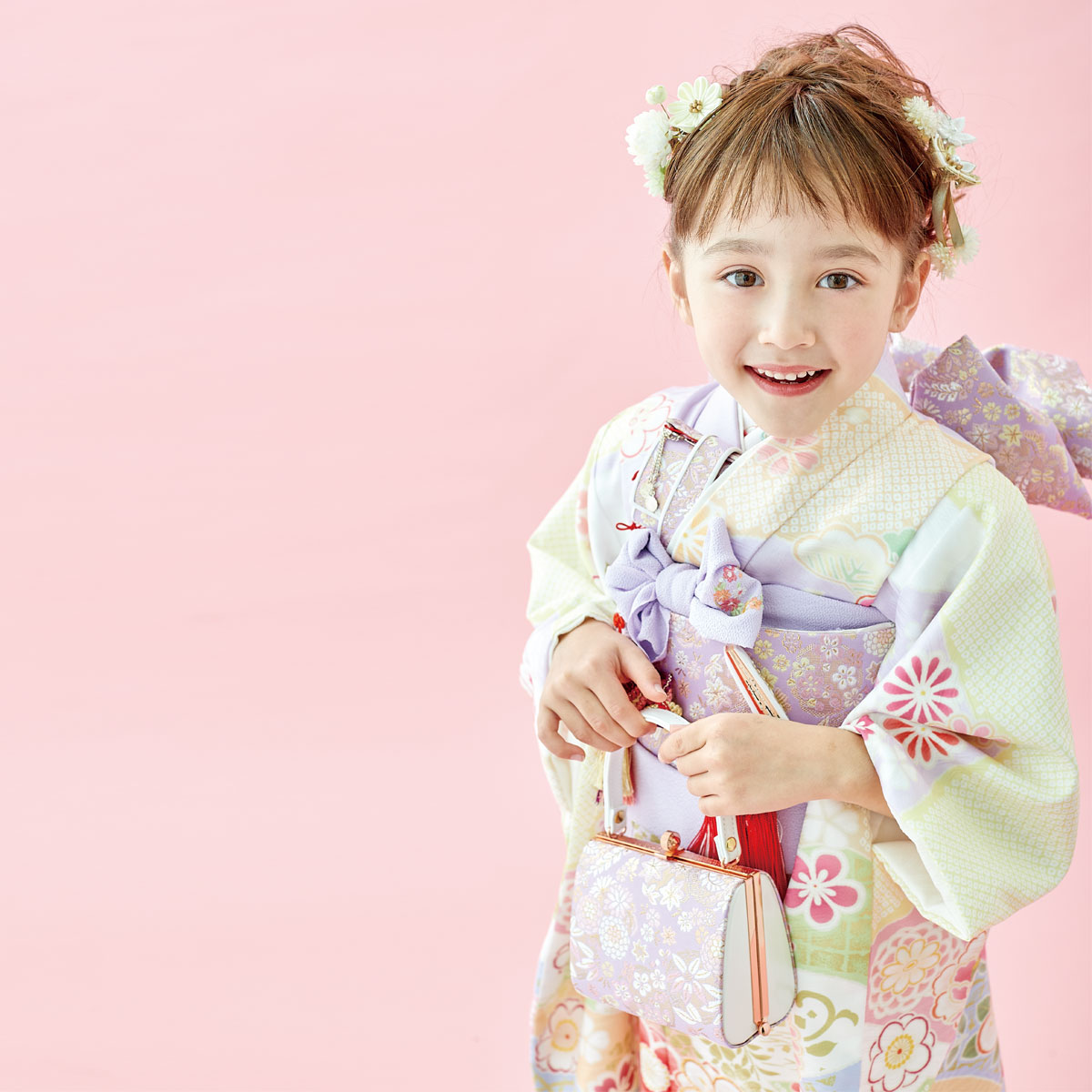 七五三七歳四つ身：N137 式部浪漫 藤色×黄色 辻が花風 | 七五三着物