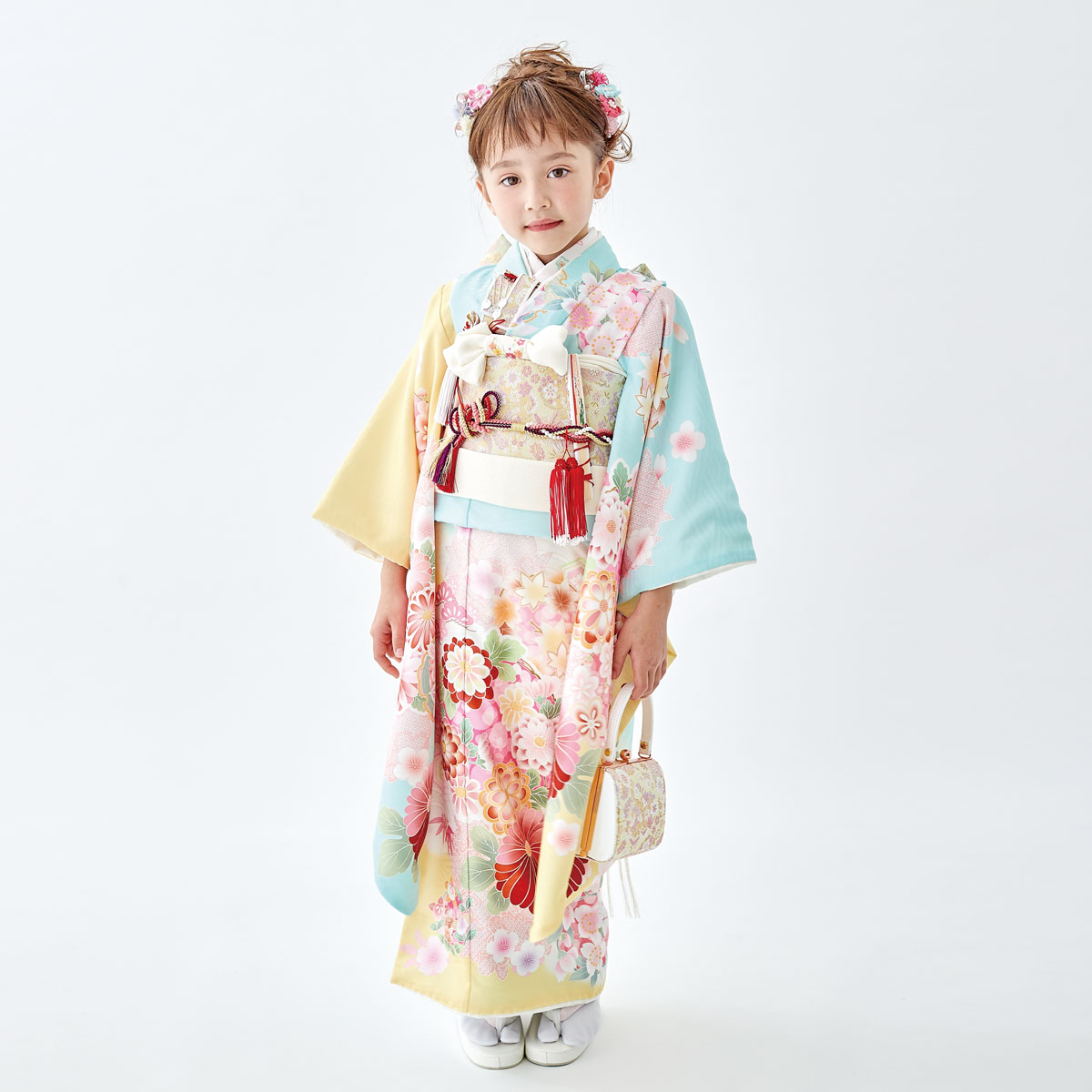 七五三七歳四つ身：N139 式部浪漫 水色×黄色 花の丸紋 | 七五三着物