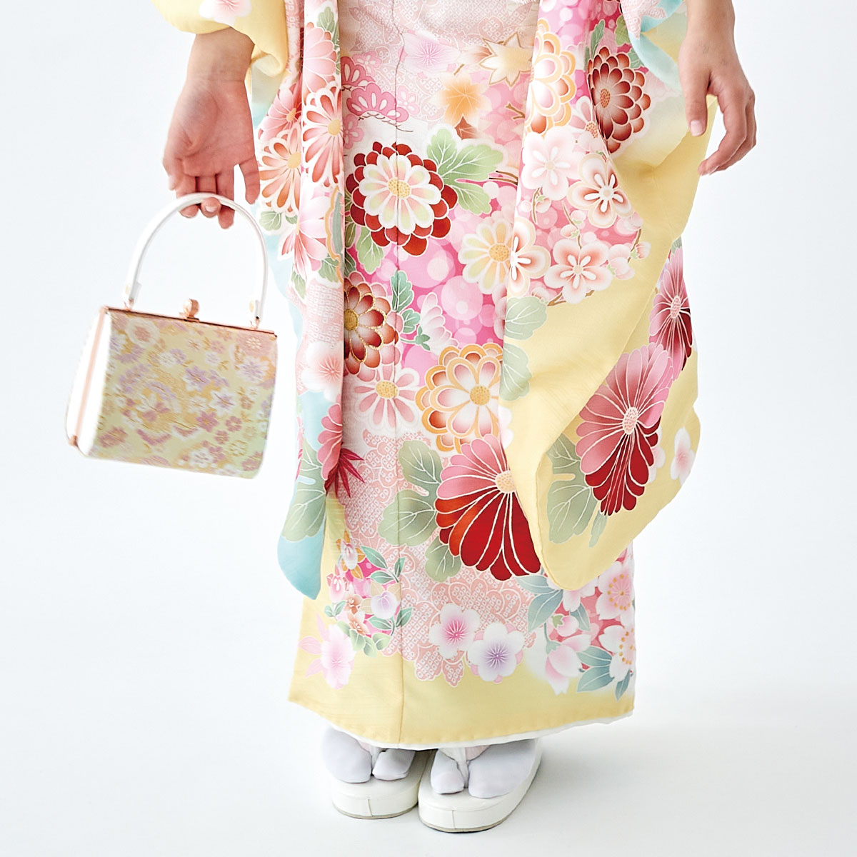 七五三七歳四つ身：N139 式部浪漫 水色×黄色 花の丸紋 | 七五三着物