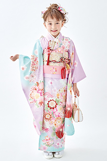 七五三七歳四つ身：N139 式部浪漫 水色×黄色 花の丸紋 | 七五三着物