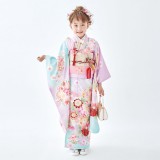 七五三七歳四つ身：N140 式部浪漫 藤色×水色 花の丸紋 | 七五三着物