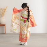 七五三七歳四つ身：N146 吉澤の友禅 【正絹】朱×白 雲取りに吉祥