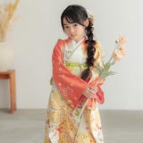 七五三七歳四つ身：N146 吉澤の友禅 【正絹】朱×白 雲取りに吉祥文