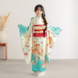 七五三七歳四つ身：N147 吉澤の友禅 【正絹】水色×白 菊に貝桶