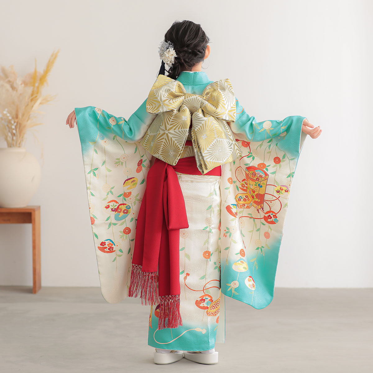 七五三用着物　　絹 七五三七歳四つ身：N147 吉澤の友禅 【正絹】水色×白 菊に貝桶