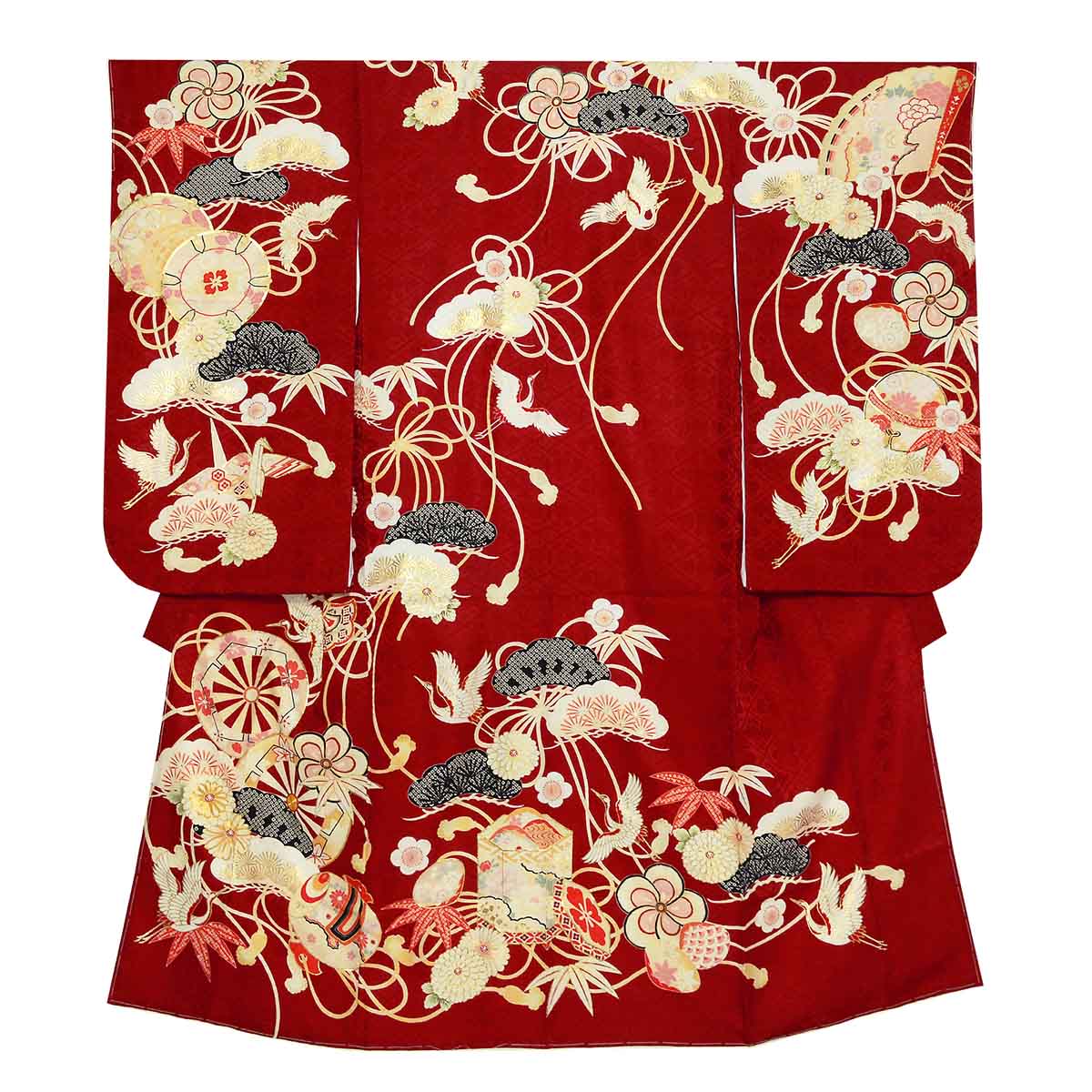 七五三七歳四つ身：N159 紅一点 【正絹】赤 車輪吉祥文 | 七五三着物