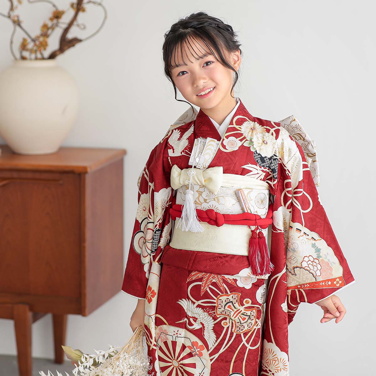 七五三七歳四つ身：N159 紅一点 【正絹】赤 車輪吉祥文 | 七五三着物