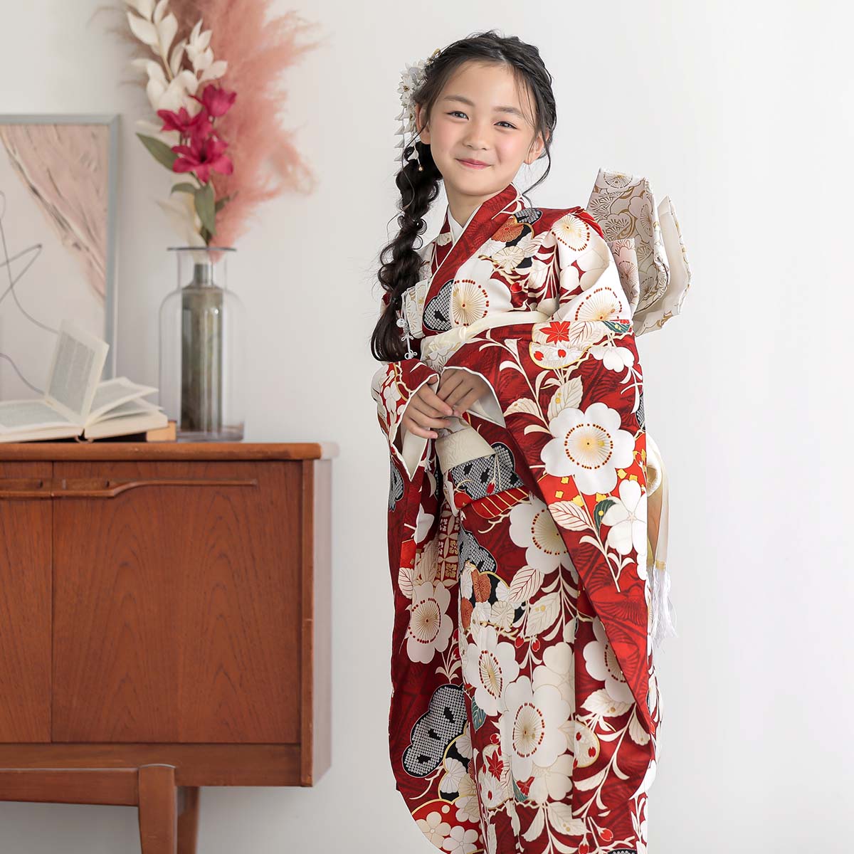 七五三七歳四つ身：N160 紅一点 【正絹】赤 梅に松 | 七五三着物