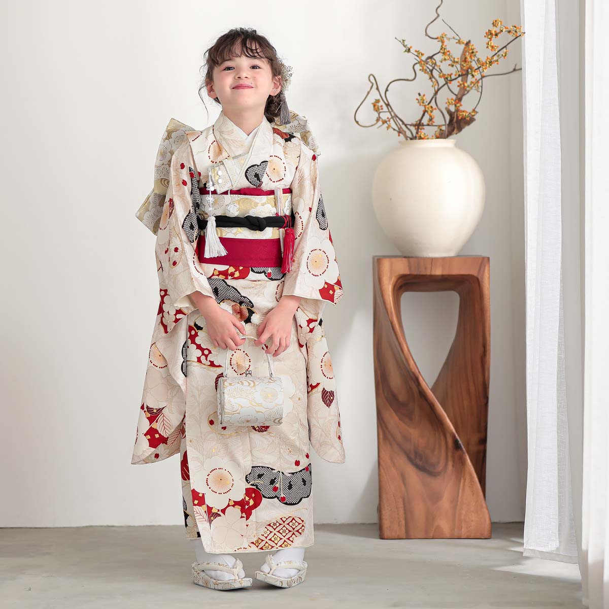 七五三七歳四つ身：N162 紅一点 【正絹】桜色 梅に松 | 七五三着物