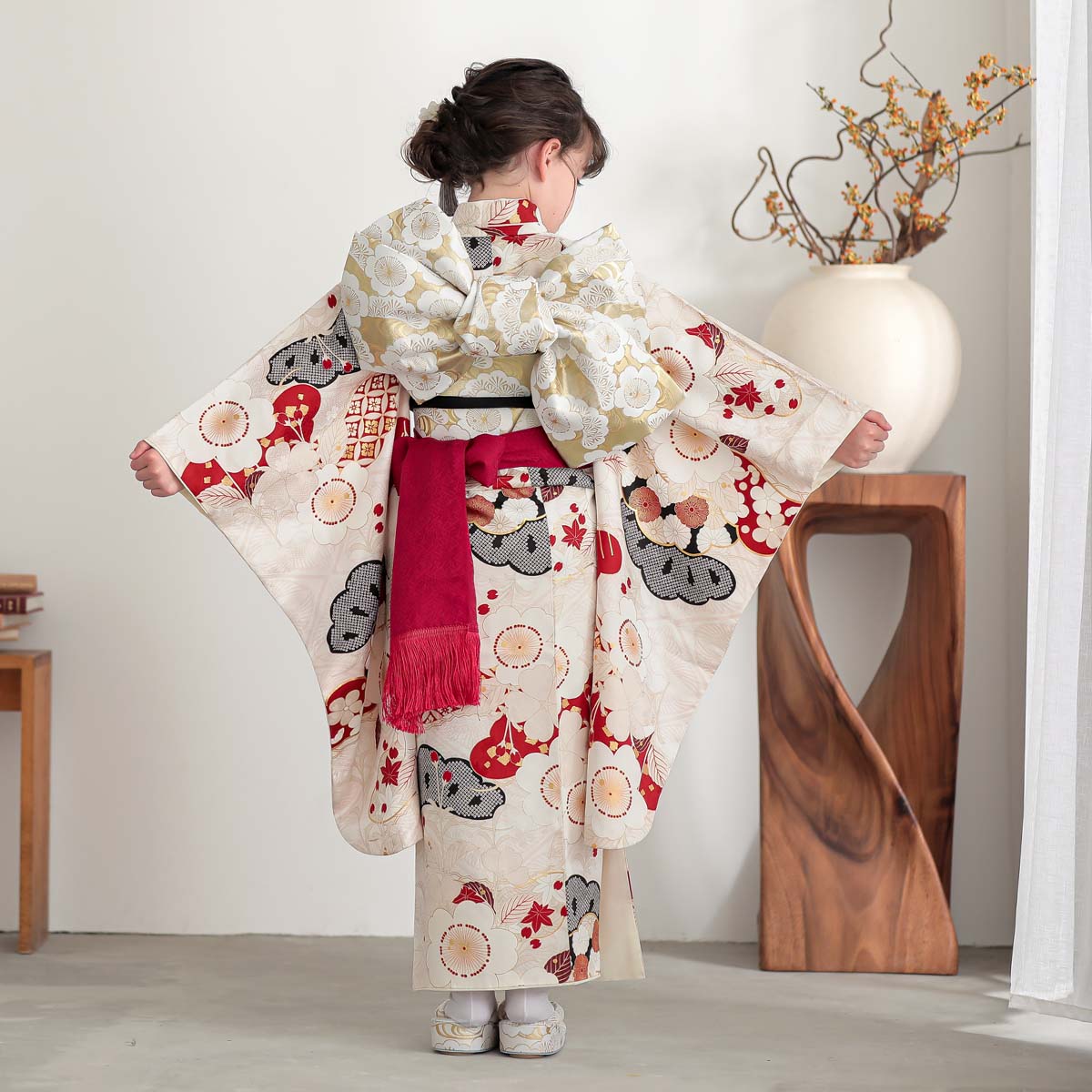 七五三七歳四つ身：N162 紅一点 【正絹】桜色 梅に松 | 七五三着物