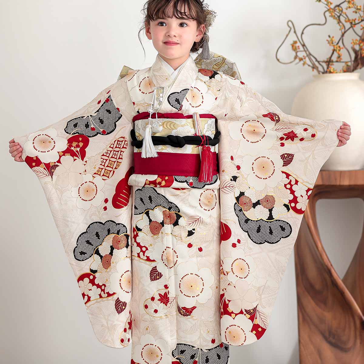 七五三七歳四つ身：N162 紅一点 【正絹】桜色 梅に松 | 七五三着物