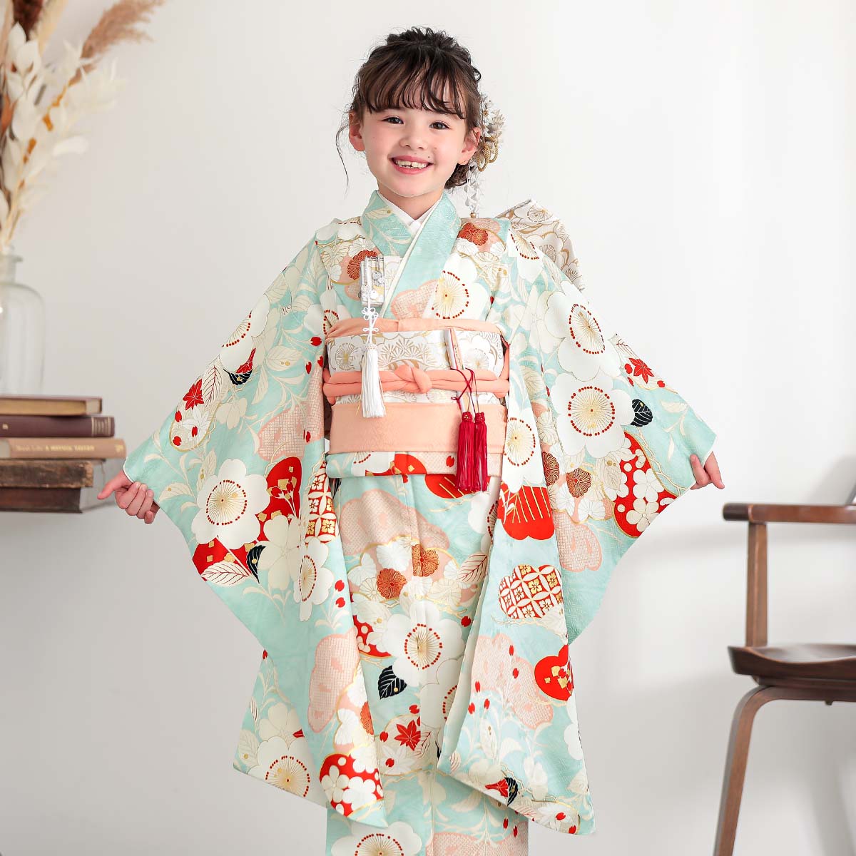 七五三七歳四つ身：N163 紅一点 【正絹】水色 梅に松 | 七五三着物