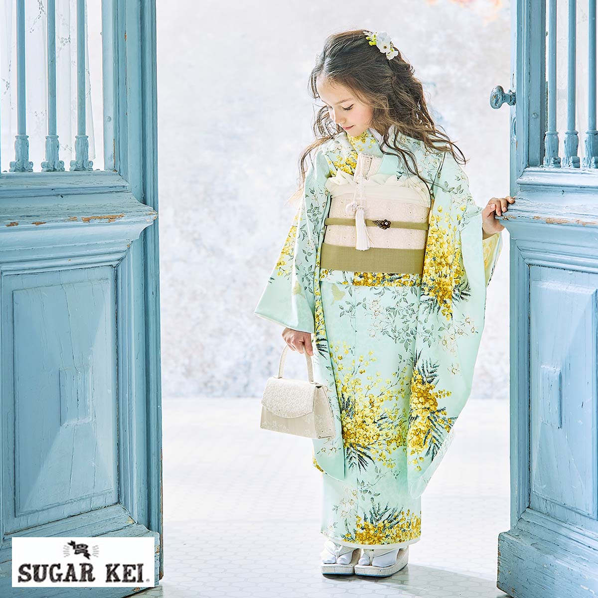 七五三七歳四つ身：N166 SUGAR KEI 水色 ミモザ | 七五三着物レンタル