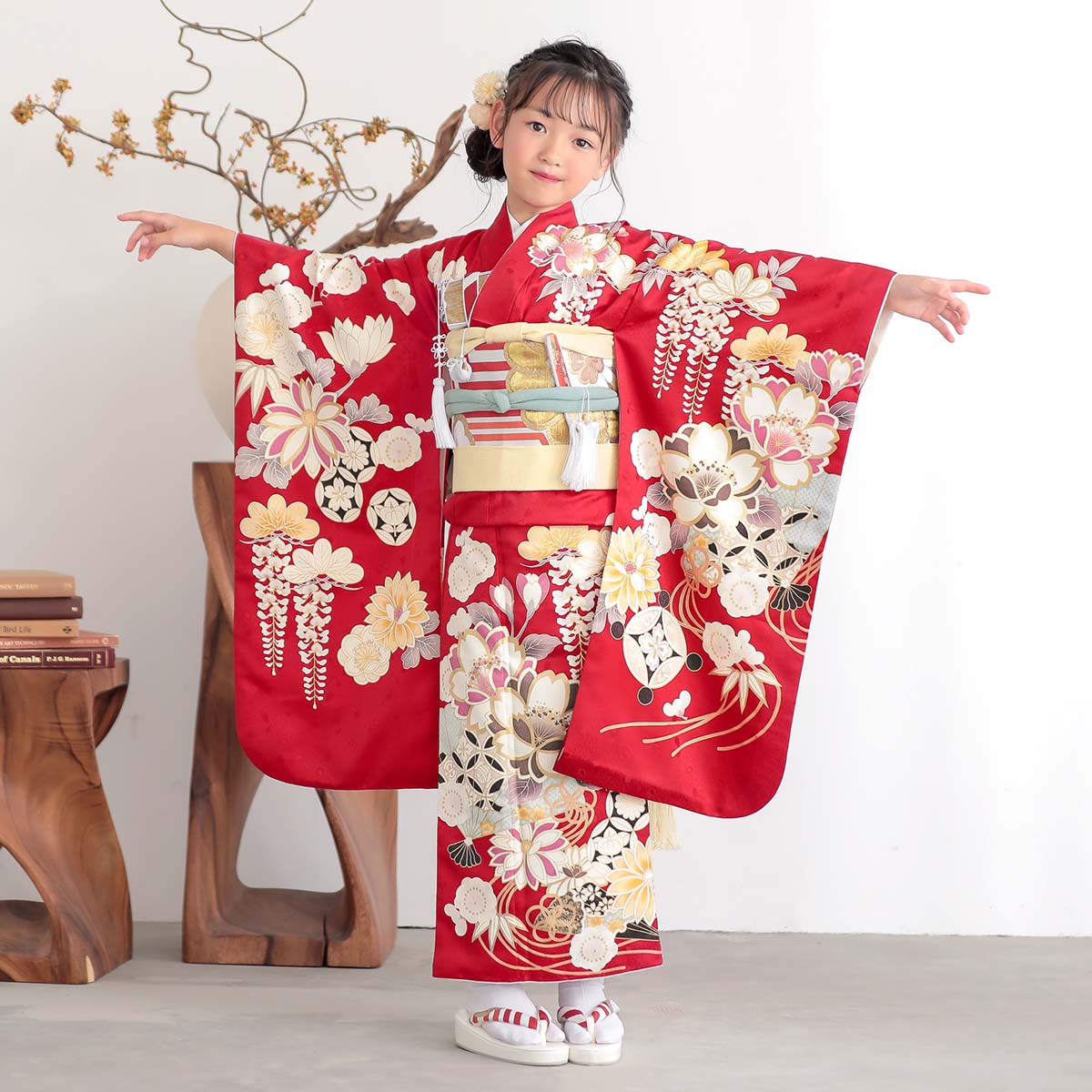 七五三七歳四つ身：N190 赤 桜に扇面 | 七五三着物レンタル