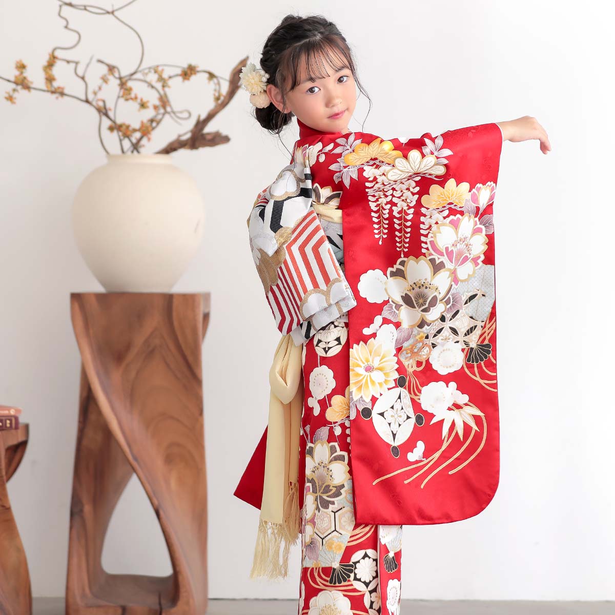 七五三七歳四つ身：N190 赤 桜に扇面 | 七五三着物レンタル | 京都着物