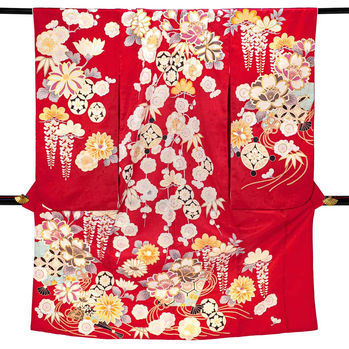 七五三七歳四つ身：N190 赤 桜に扇面 | 七五三着物レンタル | 京都着物