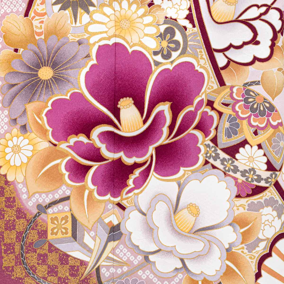 新品☆クリーム色に大きな椿の花模様が素敵な着物に作り帯☆七五三フルセット 七五三七歳四つ身：N191 ピンク 扇面に椿 | 七五三着物レンタル | 京都