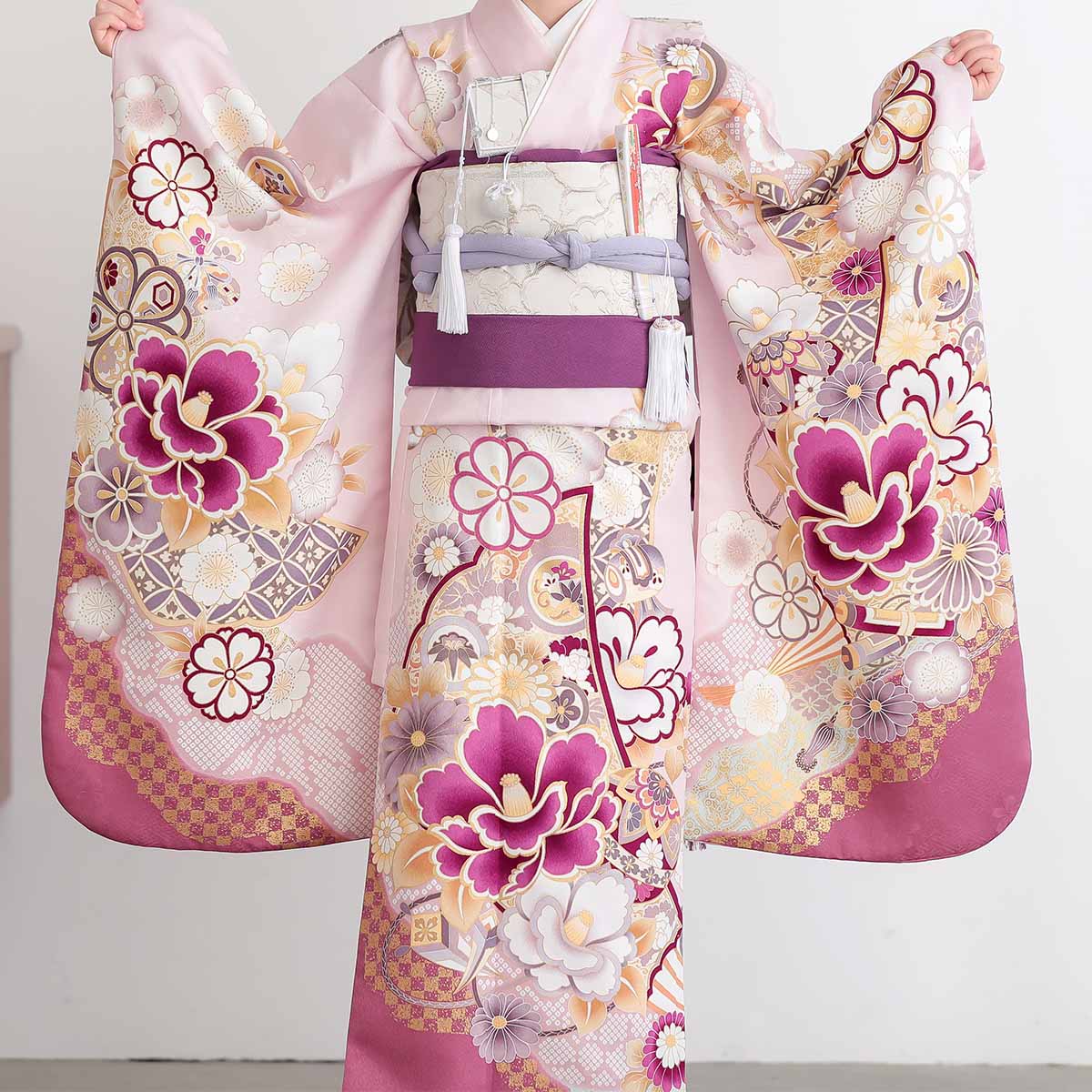 【美品】七五三 着物セット 7歳 ピンク 扇面柄 七五三七歳四つ身：N191 ピンク 扇面に椿 | 七五三着物レンタル | 京都