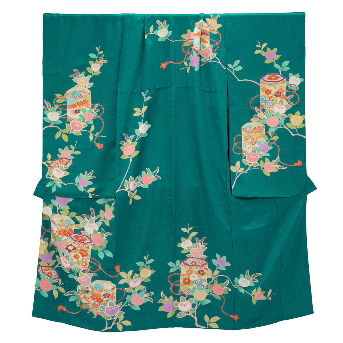 七五三七歳四つ身：N197 吉澤の友禅 【正絹】ブルーグリーン 貝桶に橘