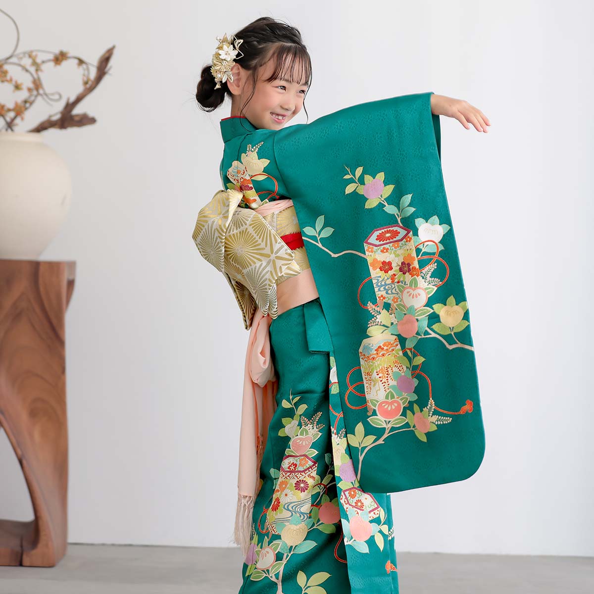 七五三七歳四つ身：N197 吉澤の友禅 【正絹】ブルーグリーン 貝桶に橘